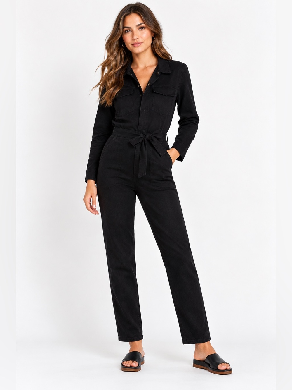 Wash Lab Hi-Bar Blk Denim Belted Button Front Pocket Long Sleeve Jumpsuit Size M